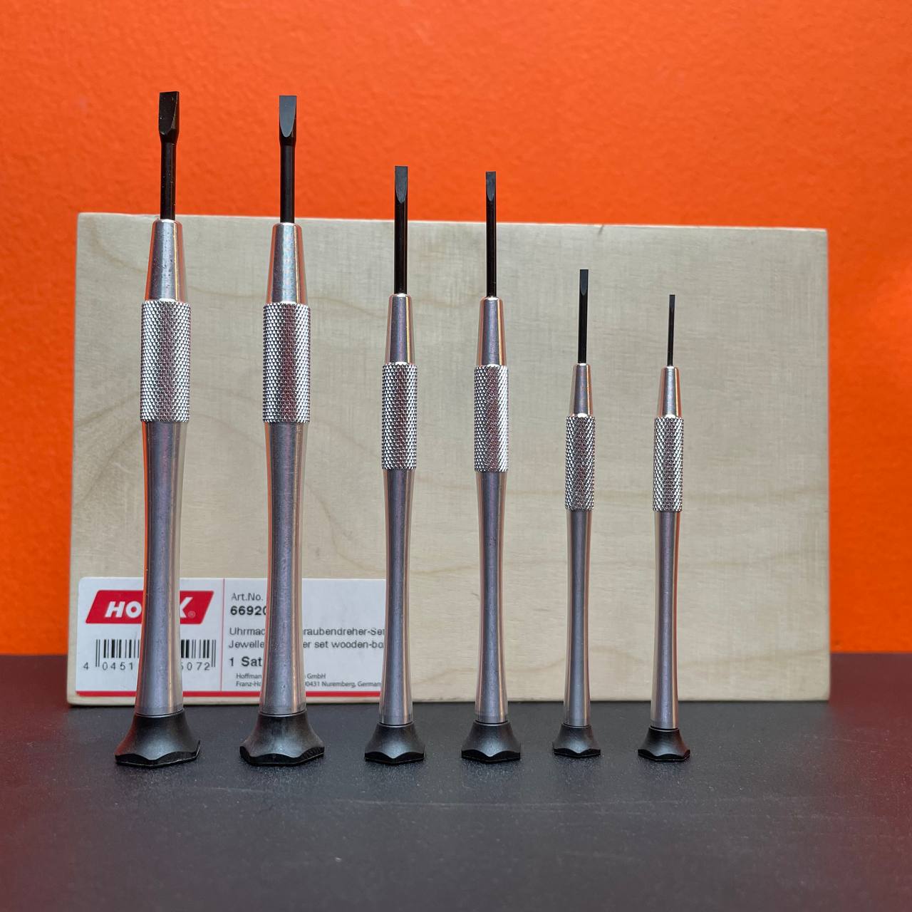 Bộ tua vít Holex cho thợ sửa đồng hồ gồm 6 cây với tay cầm nhôm đựng trong hộp gỗ
